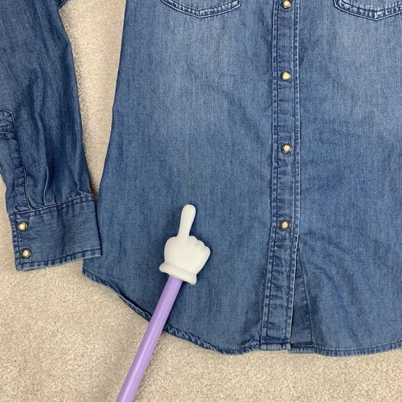 Uniqlo Women Small Pearl Snap Western Chambray Pocket Button Shirt Long Sleeve - Picture 4 of 12